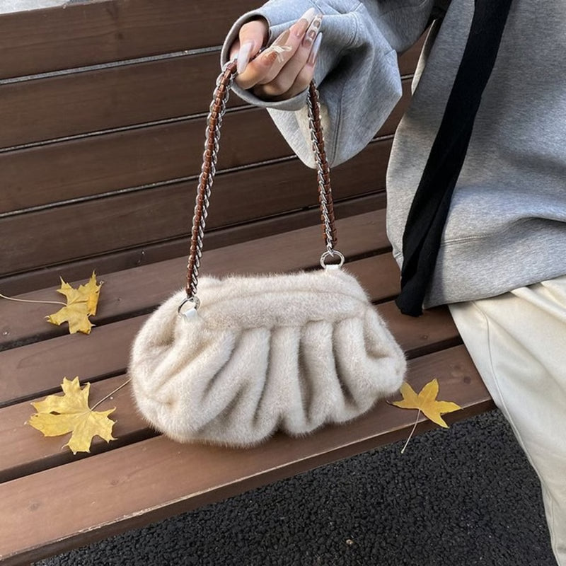 Trendy Soft Faux Fur Shoulder Bag, Pleated Design Women's Plush Hobo Handbag